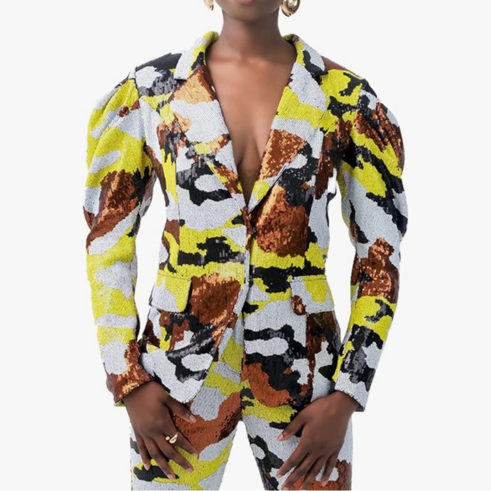 Sequin Blazer with Bright Camo Design